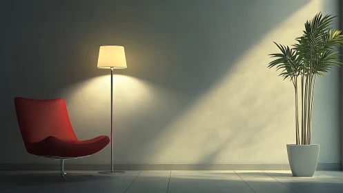 Luminous modern interior with red lounge, lamp and palm plant.