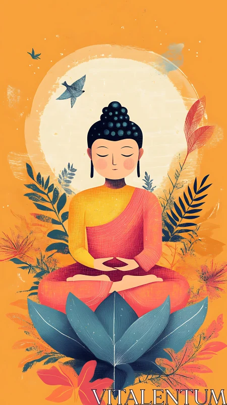 Digital painting of meditating Buddha in stylized floral mandala.