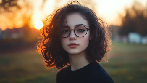 Portrait of young woman in glasses at golden sunset.