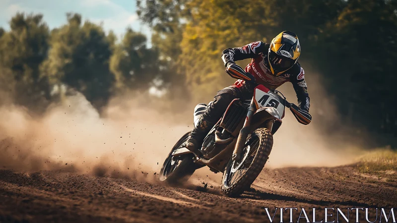 Motocross rider leaning into dusty turn on dirt track.