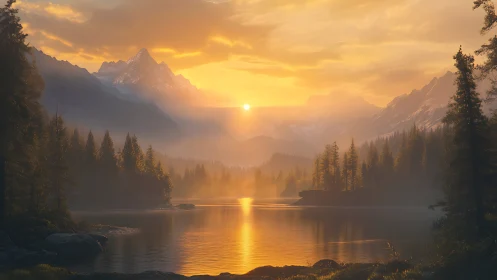 Golden hour alpine lake with volumetric haze and backlit conifers