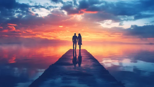 Two Hearts Stand Together Under Sunset's Golden Glow.