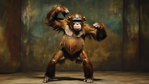 Photorealistic chimpanzee portrait in dynamic studio stance.