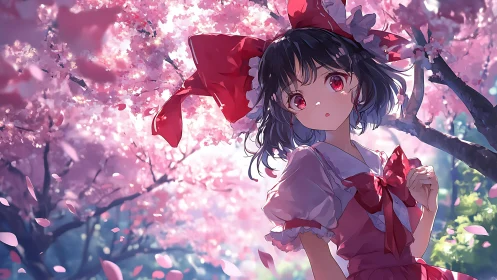Anime girl under pink cherry blossoms in spring light.