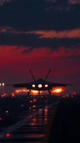 Jet aircraft departs runway under low-light dusk conditions