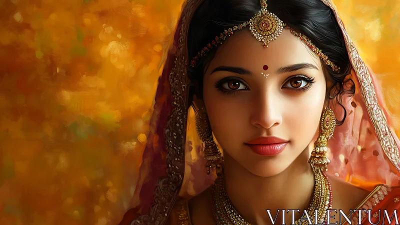 Indian bride portrait with golden bokeh background glow.
