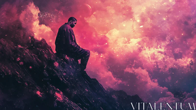 Quiet dreamer resting on a cosmic cliff of glowing clouds.