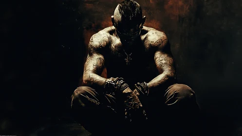 Low-key portrait of tattooed seated figure in chiaroscuro lighting.
