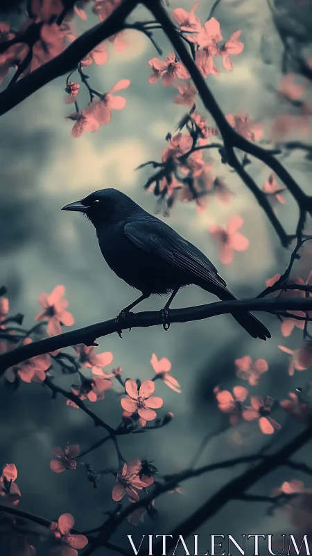 Black bird rests on branch within pink flowering tree