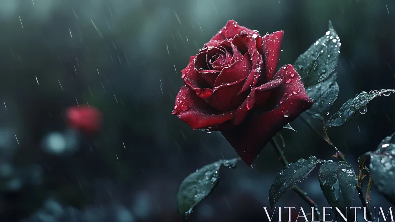 Single red rose gleams under soft rain in moody dusk