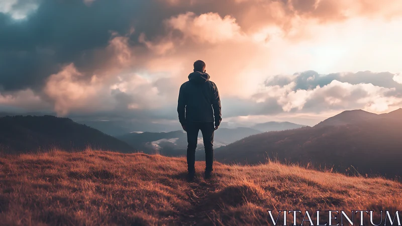 Lone hiker gazes over glowing mountains at dramatic sunset