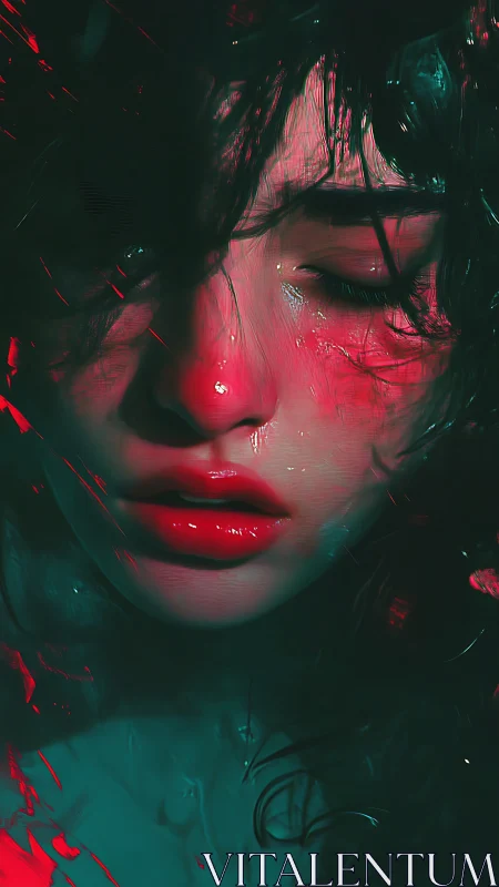 Moody portrait in neon red and teal light captures emotion.