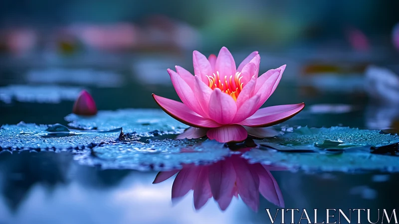 Pink water lily with vivid reflection on tranquil pond surface.