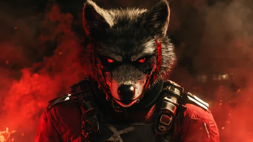 Armored wolf warrior stares through blazing red battlefield haze