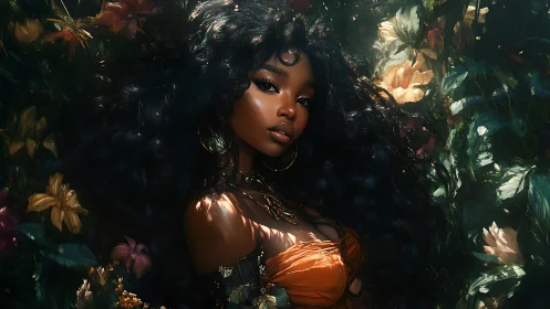 Woman with voluminous dark hair stands among dense flowers