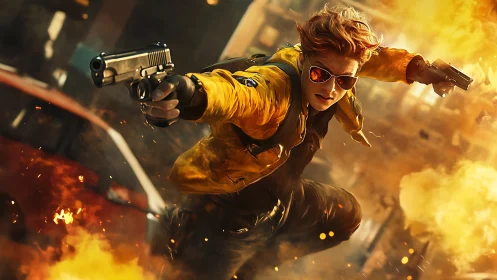 Action hero dives through urban explosion with dual pistols