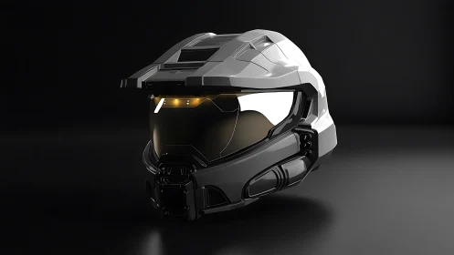 Futuristic tactical helmet rests in dramatic studio lighting.