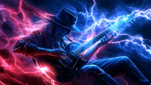 Electric guitarist commands neon lightning in vivid storm.