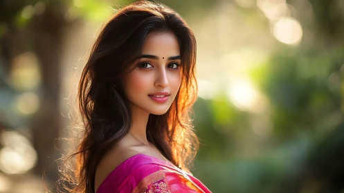 Portrait of woman in pink sari under warm sunset bokeh.