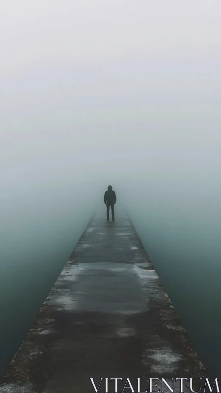 Solitary figure on fog-occluded pier in linear perspective field.