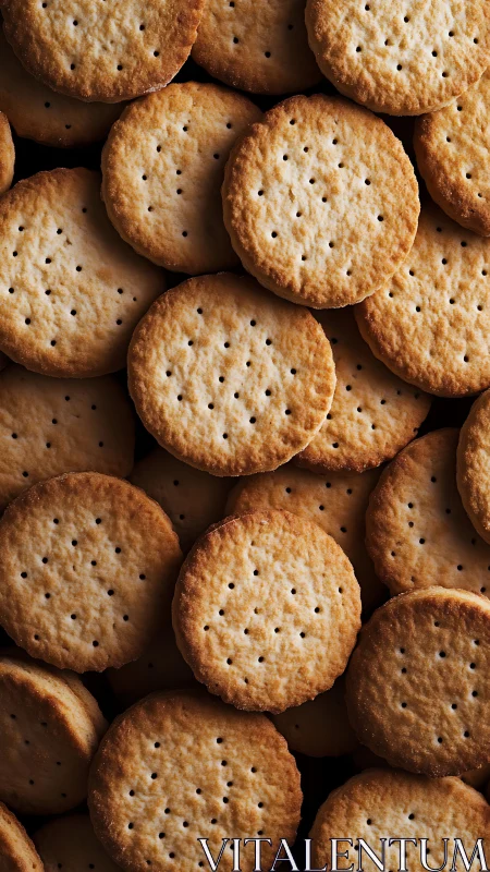 Golden Round Crackers Stacked in Overhead Arrangement.