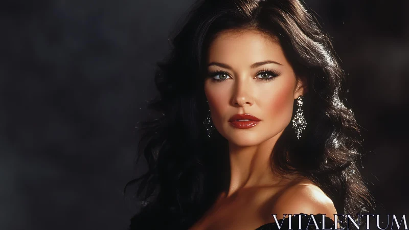 Studio portrait of woman with dark hair and evening makeup.