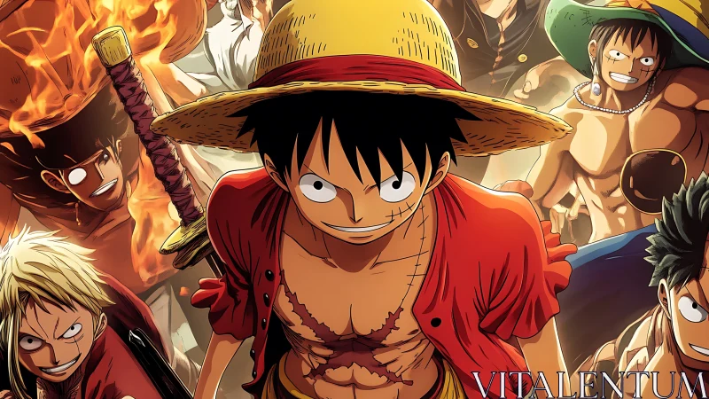 Straw hat pirate leader strides forward with crew behind him