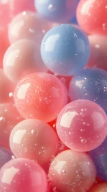Macro render of iridescent pastel gelatin spheres with bubbles