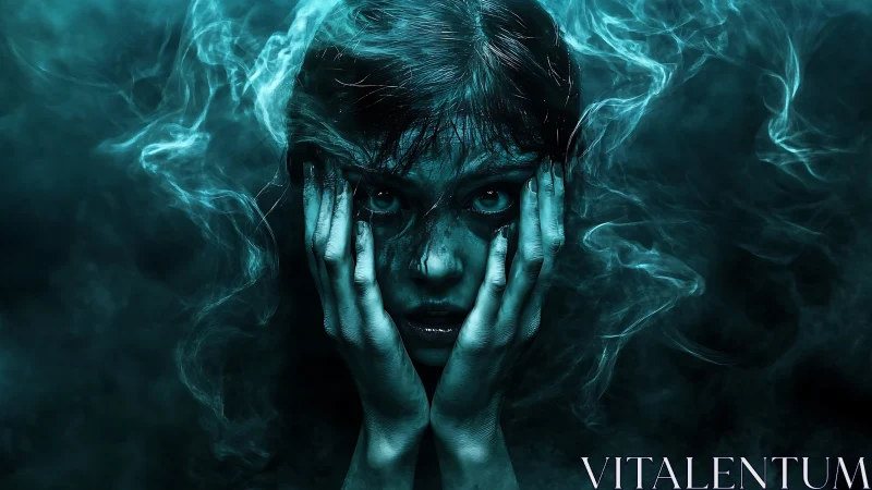 Ethereal female portrait enveloped in teal spectral smoke field