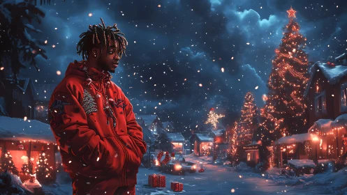 Young man in red hoodie walks through glowing winter town.