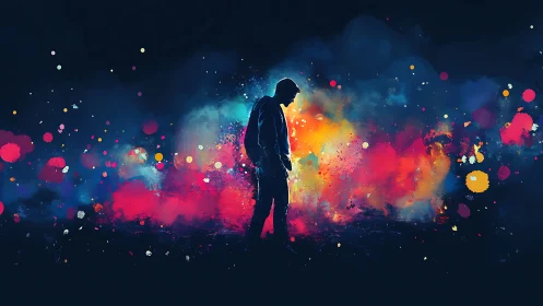 Solitary figure in chromatic particle dispersion field study.