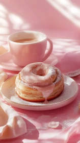 Pink glazed pastry with coffee in monochromatic setting.