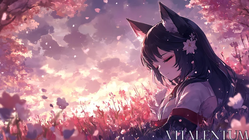 Anime fox-girl in luminous sakura field, soft sunset composition.