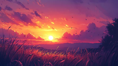 Sunset grasses drink molten sky while distant hills hum