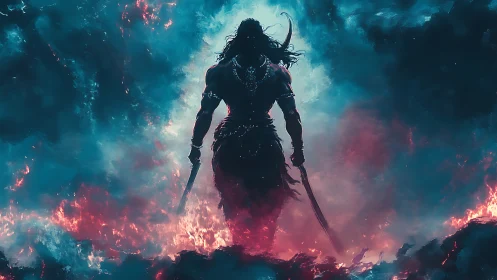 Storm-lit warrior strides through twin flames of chaos