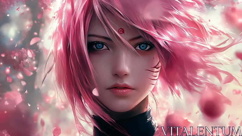 Pink haired kunoichi portrait in cherry blossom particle field.