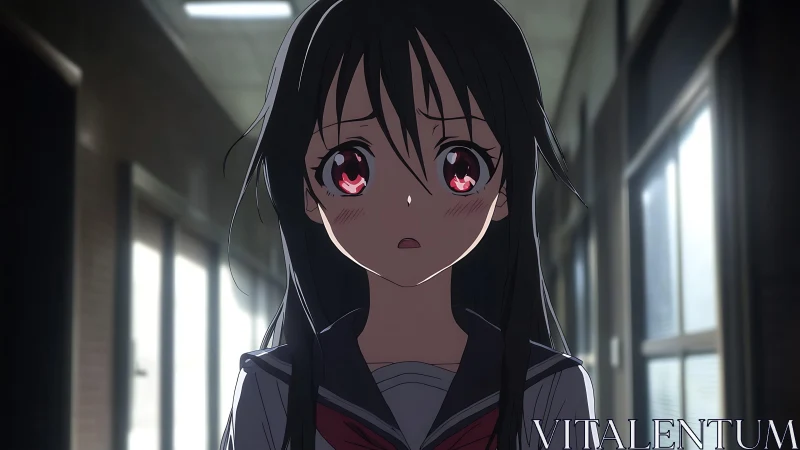 Anxious schoolgirl stands in a dim hallway of uncertainty