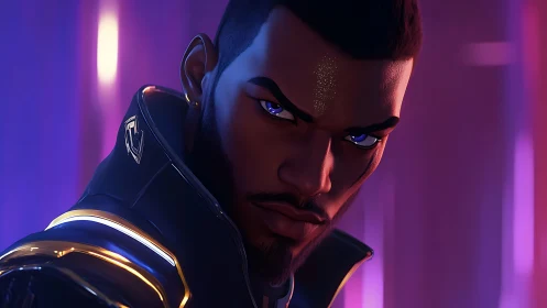 Futuristic warrior portrait glows under neon purple light