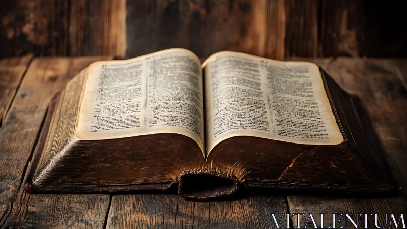 Timeworn holy book whispering stories on rough timber.