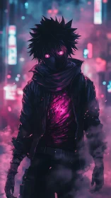 Hooded figure with neon eyes stands in glowing city fog