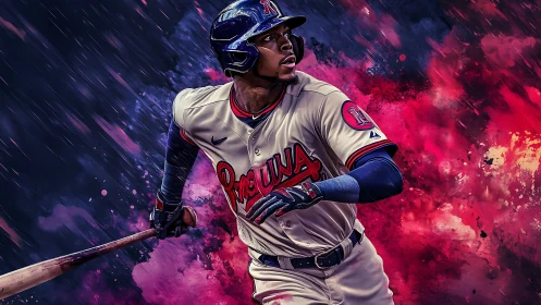 Dynamic baseball hitter amid explosive neon color storm.