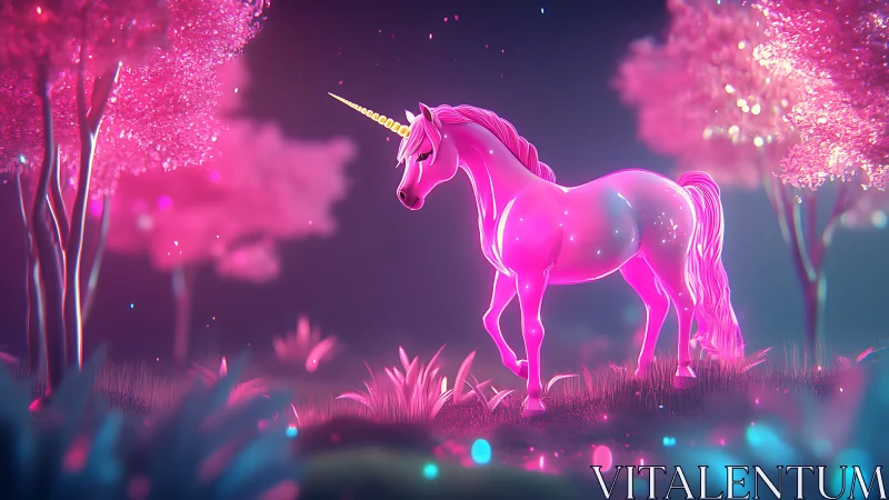 Glowing pink unicorn in neon fantasy forest at night.
