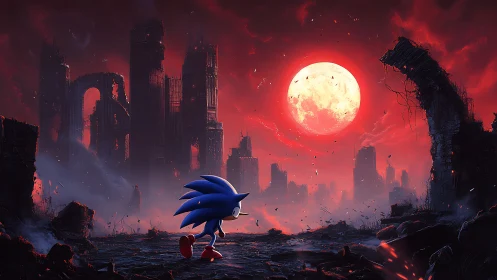 Sonic gazes at a crimson moon above a ruined, silent city