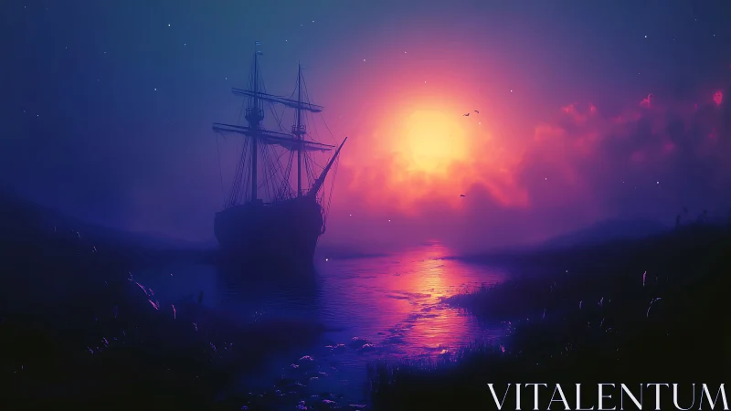 Ghostly tall ship drifts through neon sunset misted waters.
