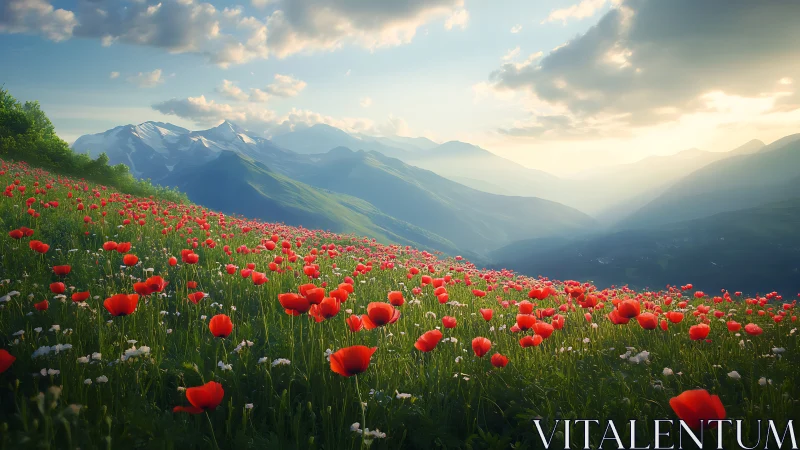 Sunlit poppy meadow rolls toward distant misty mountains