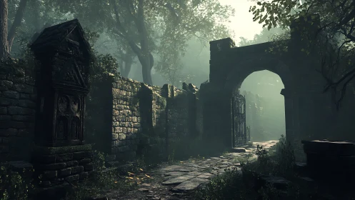 Ancient stone gateway cuts through misty overgrown forest ruin.