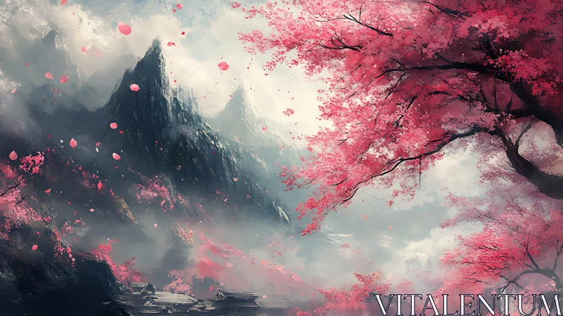 Dreamy cherry blossom valley cradled by misty peaks.