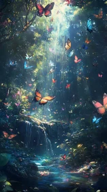 Luminous rainforest glade with waterfall and iridescent butterflies