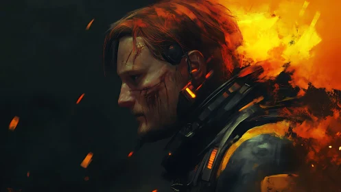 Battle-scarred cyborg soldier against blazing inferno.