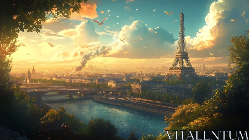 Sunlit Eiffel Tower over Paris river and city skyline.